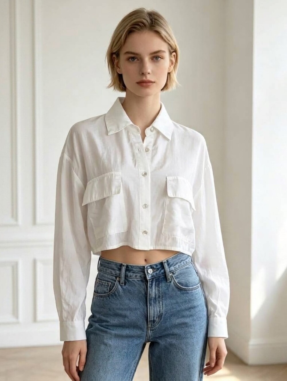 🐳🐳Cropped White 92% viscose Button-Up Loose Shirt